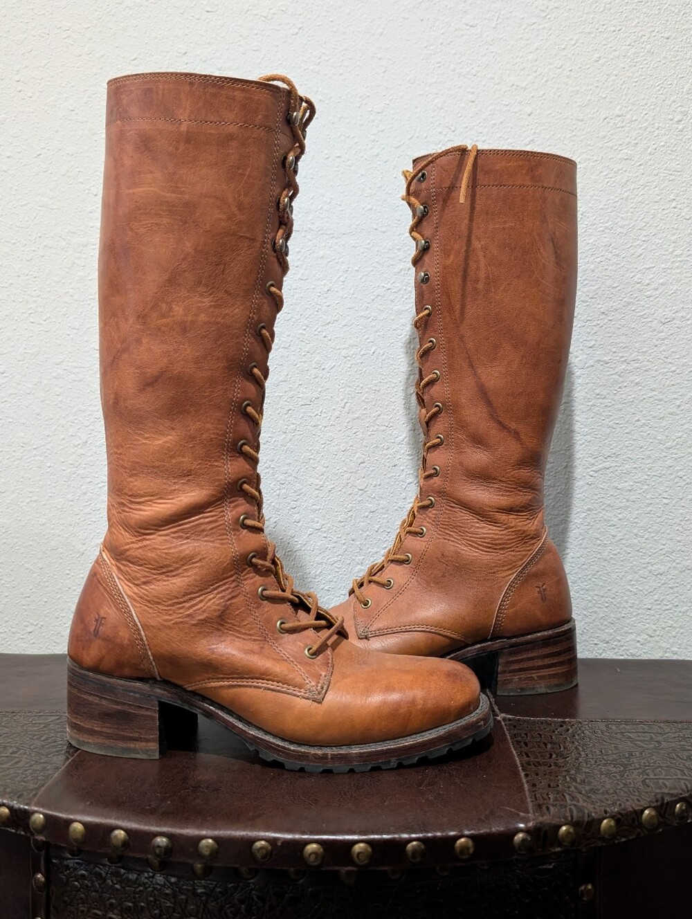 Frye Campus Lug Tall Lace Up Boots – Cognac Leather – Size 9 - Picture 8 of 16